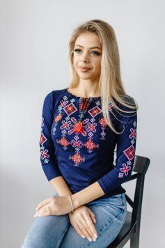 Футболка вишиванка жіноча Галичанка - Зоряна ніч (синя з червоним) 3/4, 44 33622 фото