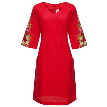 Платье вышиванка Слобожанка - Пионии (красный лен) 42