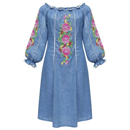 Платье вышиванка Колос - Розовые розы (голубой) 50
