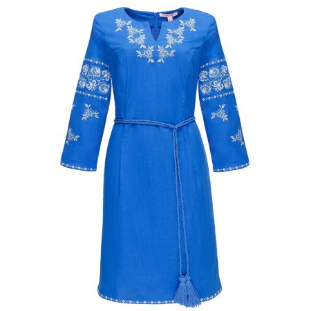 Платье вышиванка Слобожанка - Ружа (голубой лен-стрейч) 42