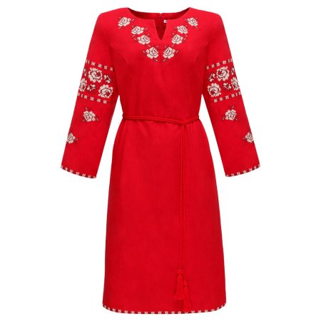 Платье вышиванка Слобожанка - Ружа (красный лен-стрейч) 42