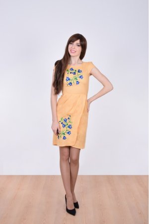 Платье вышиванка Галичанка - Звоночки синие (жёлтый лён) S