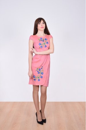 Платье вышиванка Галичанка - Звоночки синие (розовый лён) S