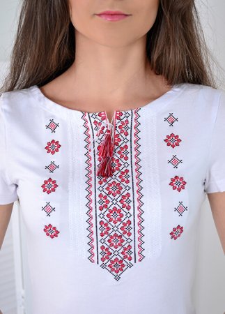 Футболка вишиванка жіночка Галичанка - Орнамент, червона вишивка (біла) XXXXL