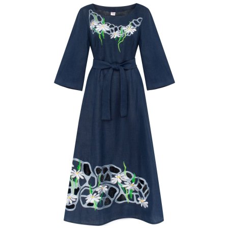 Платье вышиванка Колос - Ромашковые росы (темно-синее) 46